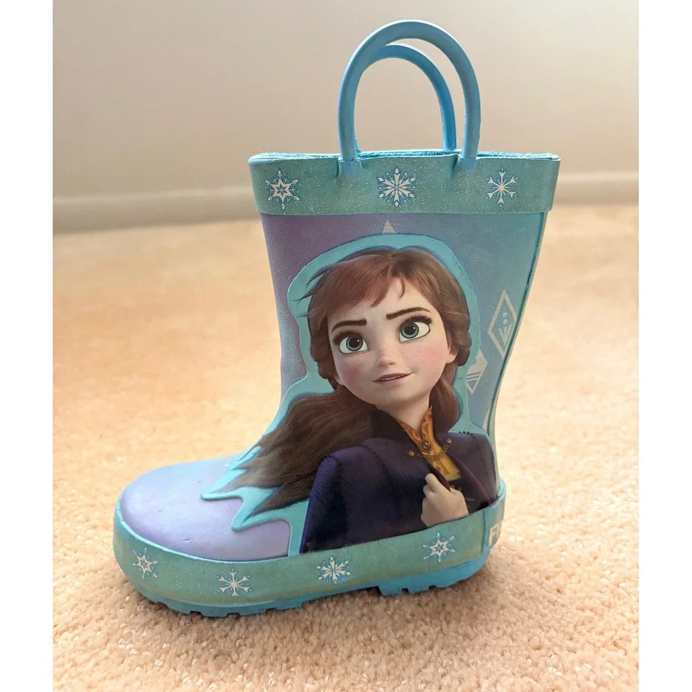 Disney Frozen Elsa Anna Rubber Rain Boots Kids‎ 5/6 Blue Snowflake w/Beanie Olaf